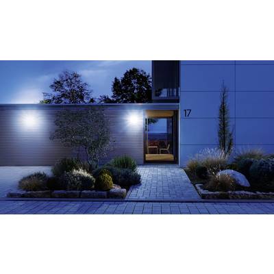 Eingangsbereich eines modernen Hauses bei Nacht. Beleuchteter Weg mit Pflanzen, Bäume im Hintergrund. Hausnummer '17' sichtbar.