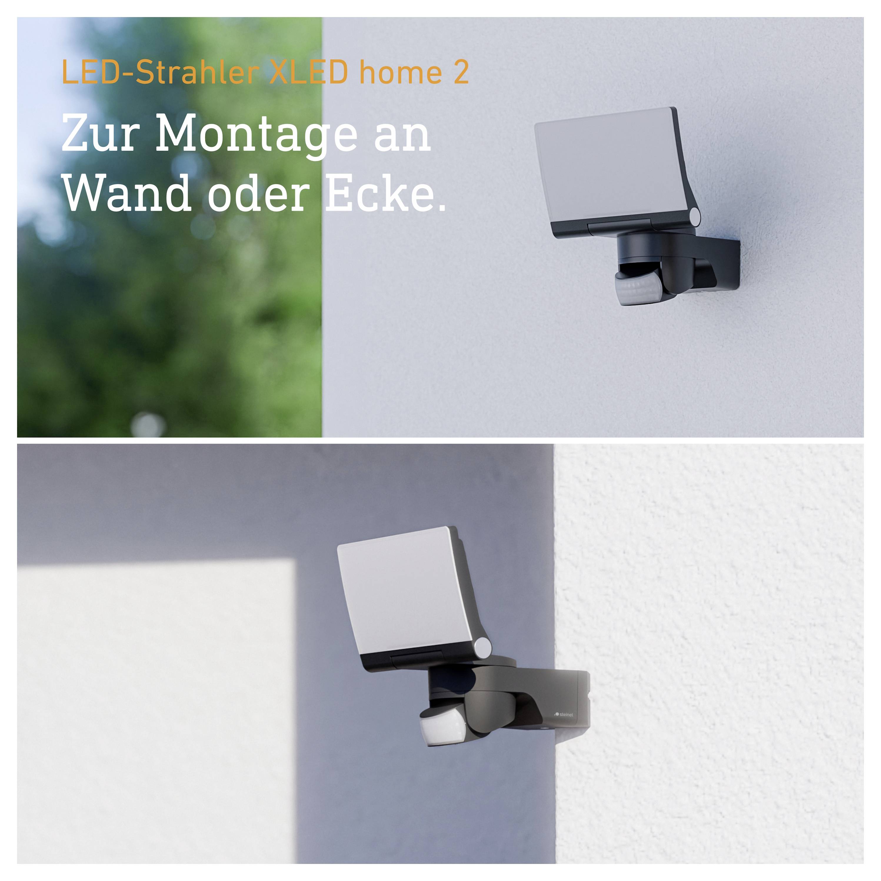 LED-Strahler 'XLED home 2' für die Montage an Wand oder Ecke, gezeigt an zwei Beispielinstallationen an Außenwänden.