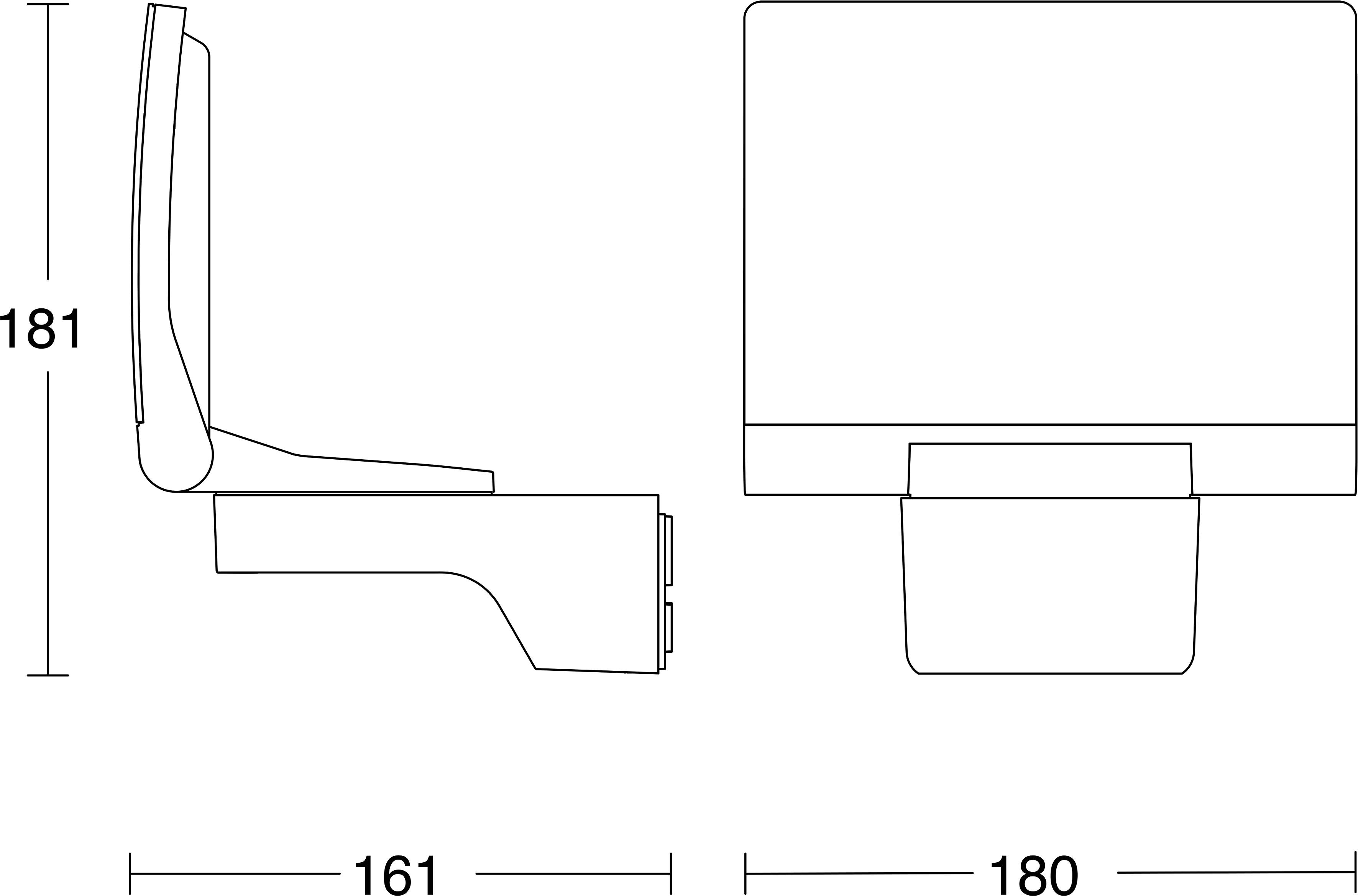 Technische Linienzeichnung eines wandmontierten Geräts, dargestellt in Seiten- und Vorderansicht, mit beschrifteten Abmessungen 181, 161 und 180.