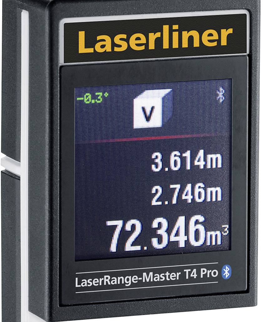 Digitales Messgerät zeigt Volumenmessung: 72,346 Kubikmeter. Weitere Maße: 3,614 Meter und 2,746 Meter. Anzeige: Bluetooth-Verbindung aktiviert.