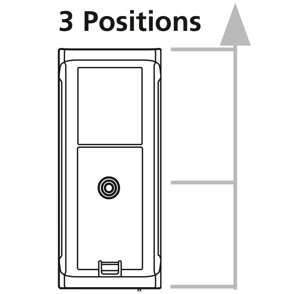 Diagramm zeigt einen Schalter in drei Positionen: unten, Mitte und oben. Beschriftung '3 Positions' verdeutlicht die möglichen Einstellungen.