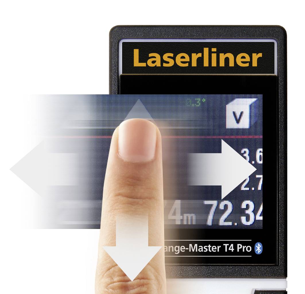 Ein Finger berührt das Display eines Laserliner-Geräts mit der Aufschrift 'Range-Master T4 Pro'. Auf dem Bildschirm sind Zahlen sichtbar.