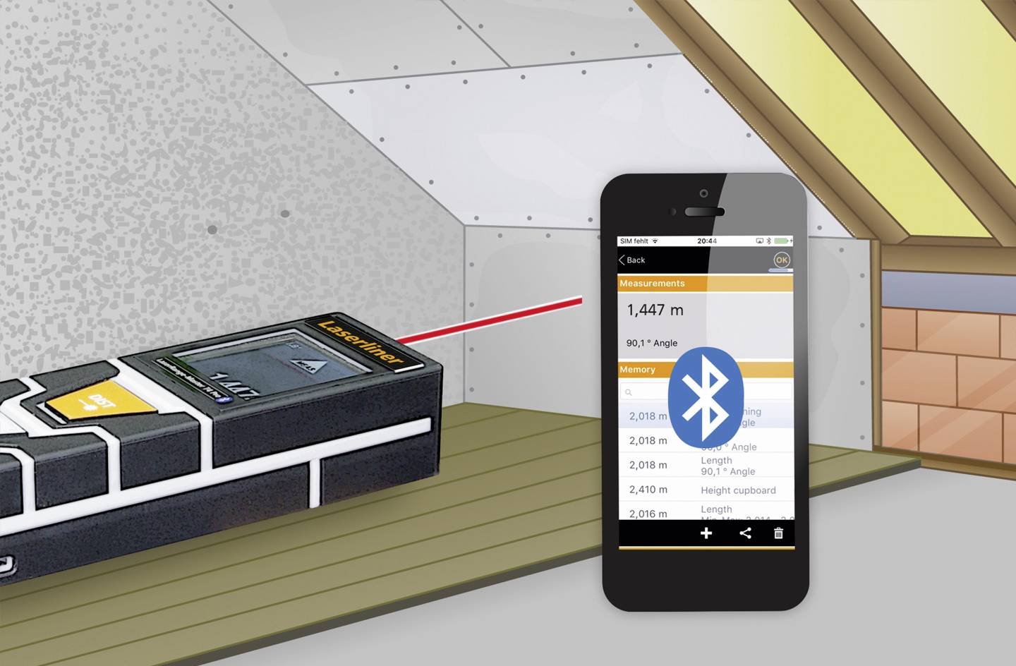 Ein Laser-Entfernungsmesser misst 1.447 m auf einem Dachboden. Das Ergebnis wird über Bluetooth auf einem Smartphone angezeigt.