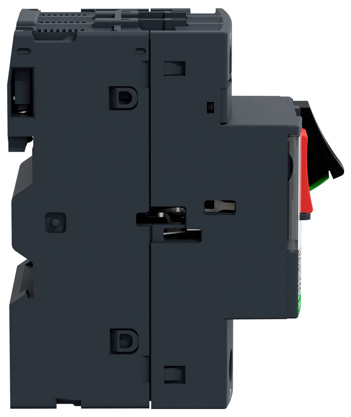 Eine Seitenansicht eines Schalters mit schwarzem Gehäuse und einem sichtbaren roten Hebel auf der rechten Seite.