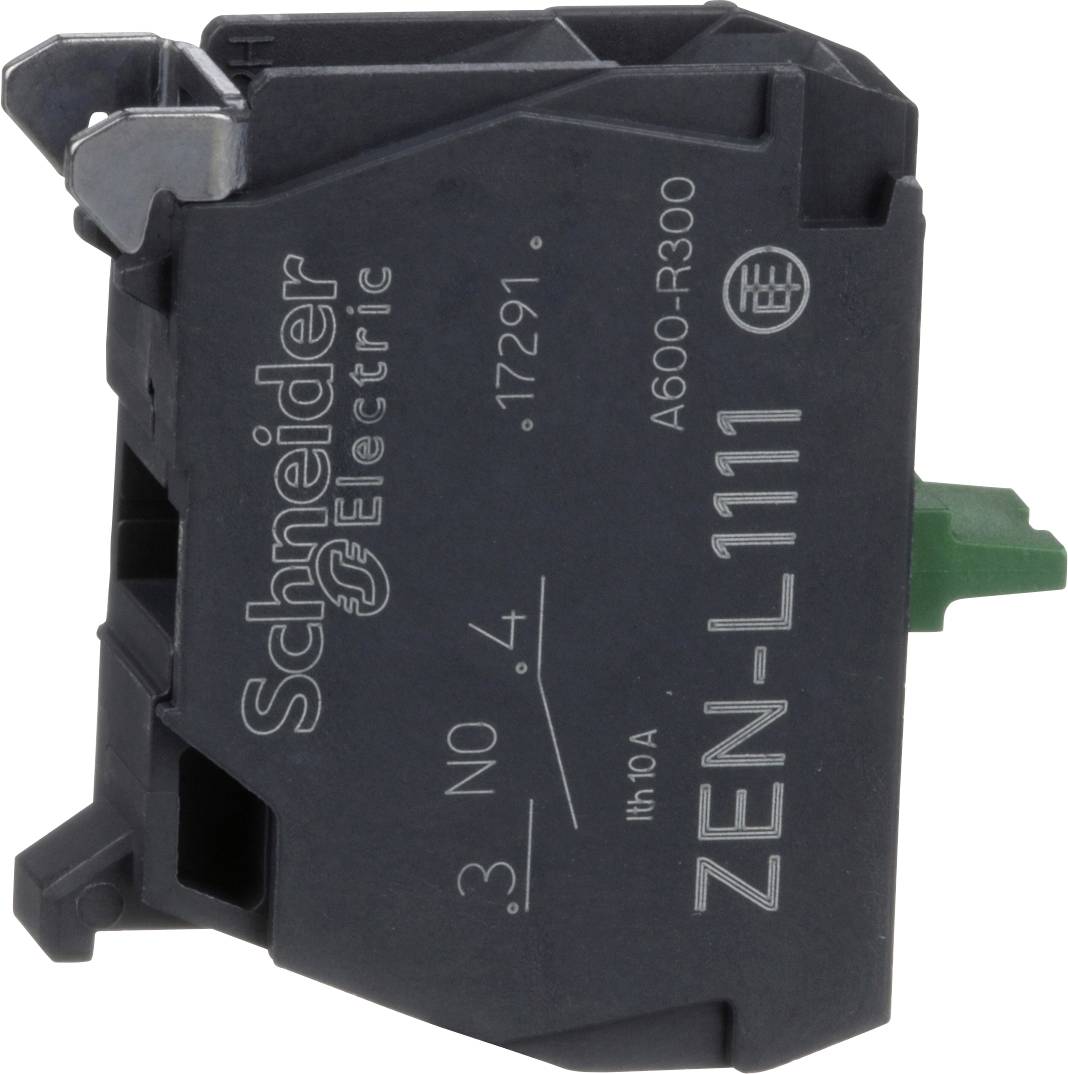 Nahaufnahme eines Schneider Electric ZEN-L111-Relaismoduls mit beschrifteten Anschlüssen und grüner Anschlusslasche auf weißem Hintergrund.