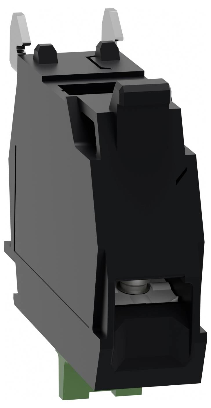 Schwarzes und graues Elektroklemmenblock oder Stecker mit zwei oberen Klemmöffnungen und grüner Basis, isoliert auf weißem Hintergrund dargestellt.