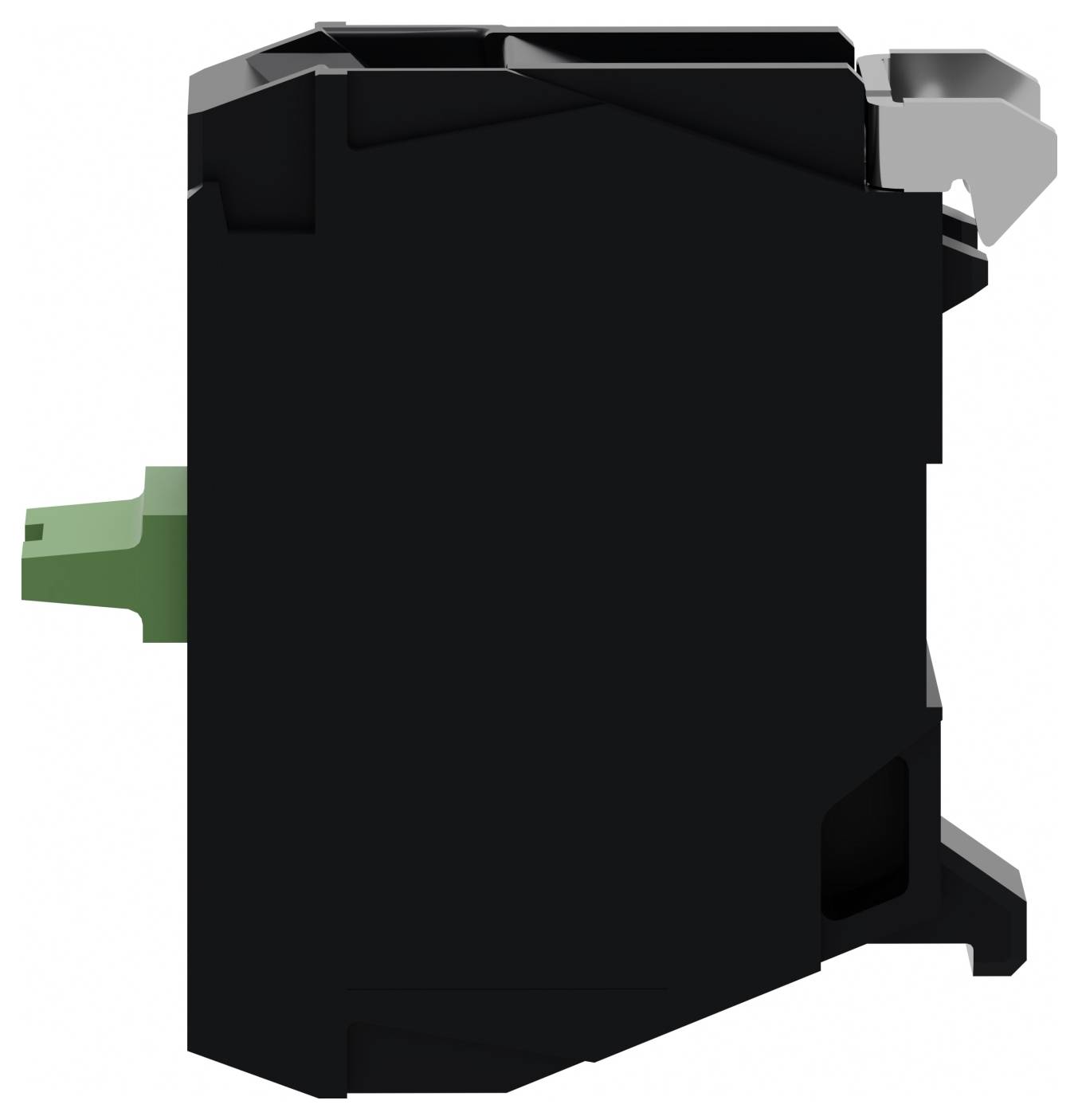 Schwarzes Elektro-Relais oder Schaltmodul mit grünem Steckverbindungsreiter auf der linken Seite und grauem Stecker auf der rechten Seite, isoliert auf weißem Hintergrund dargestellt.