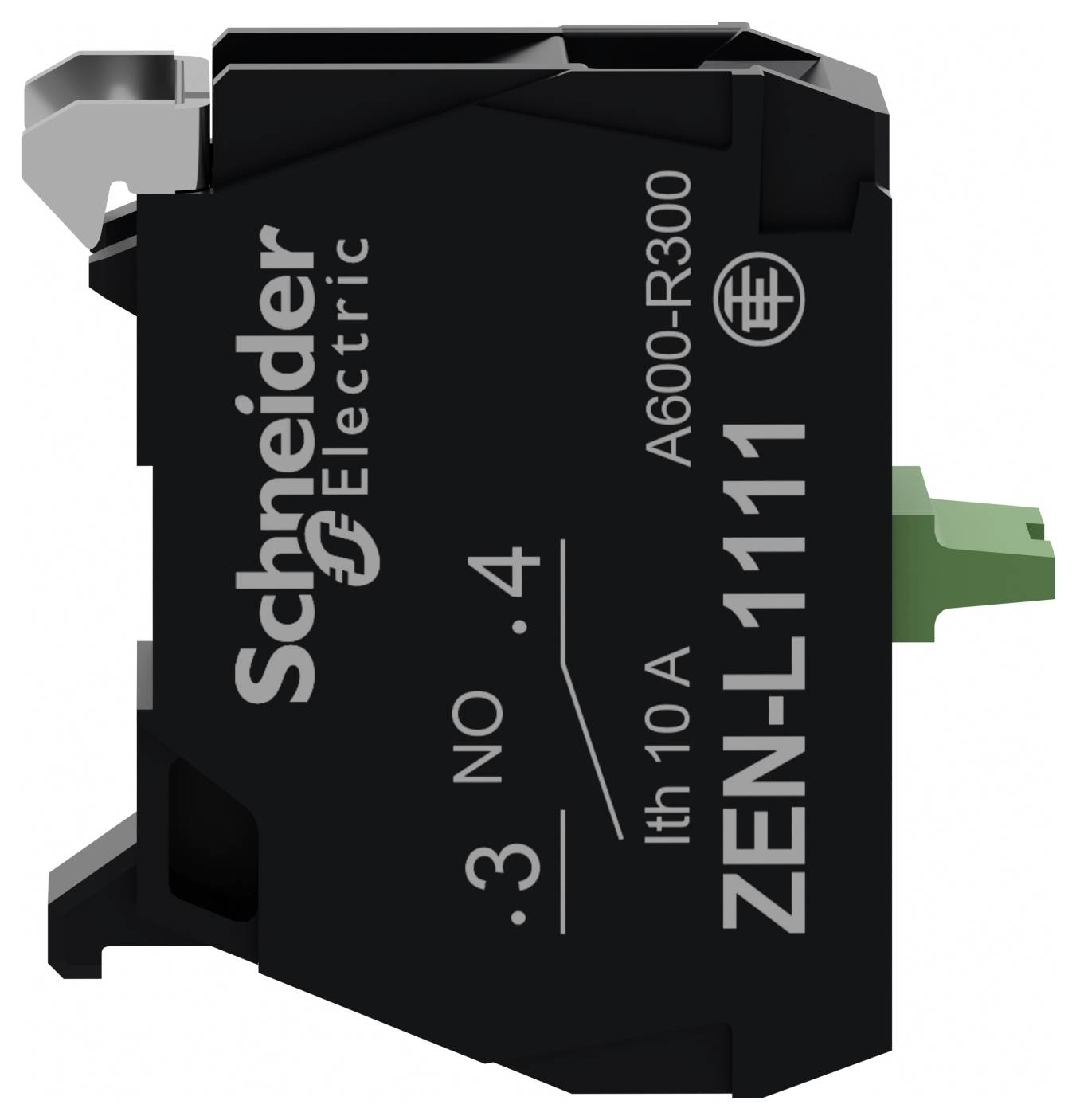 Nahaufnahme eines Schneider Electric ZEN-L111 Relaismoduls mit beschrifteten Anschlüssen und Schaltplan.
