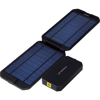 Solarlader mit offener Dual-Panel-Konstruktion und Akkupack. Blaue Solarzellen sind sichtbar und signalisieren Bereitschaft zur Energieaufnahme.