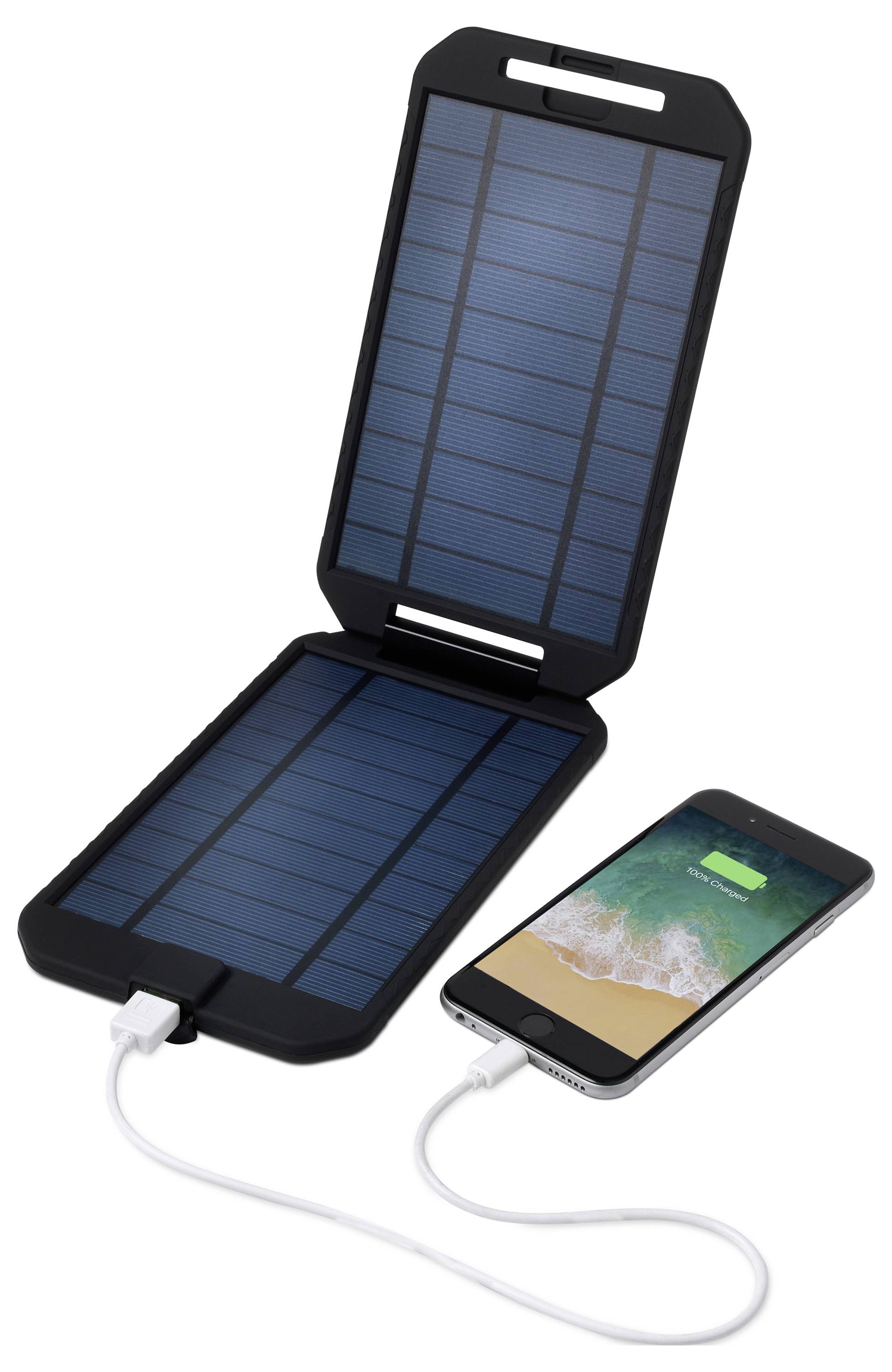 Ein Solarlader, zusammengefaltet, der über ein Kabel mit einem Smartphone verbunden ist, wobei der Bildschirm des Telefons ein Ladessymbol anzeigt.