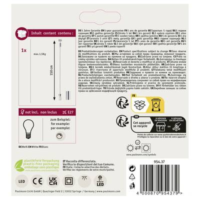 'Enthält: 1x Leuchtmittel FRS E27, max. 15kg, 150cm Länge.' Verpackungsanweisungen und Recyclingsymbole sind ebenfalls abgebildet.