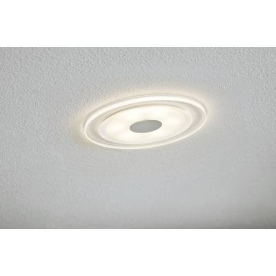 Eine runde Deckenleuchte mit LED in der Mitte eines weißen, strukturierten Deckenbereichs. Sie strahlt ein sanftes, weißes Licht aus.