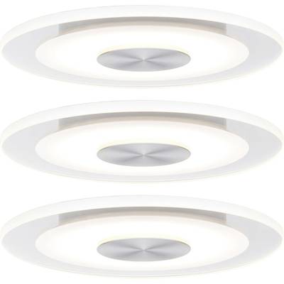 Drei runde LED-Deckenleuchten mit silbernem Mittelteil, geben gleichmäßiges, weiches Licht ab. Geeignet für moderne Innenräume.