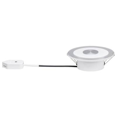 Ein runder, weißer LED-Einbauspot mit Kabel und Halterungen, seitlich abgebildet.