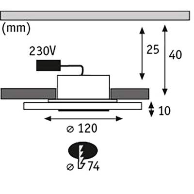 Diagramm zeigt die Abmessungen und Anschlussdetails einer 230V-Einbauleuchte: Durchmesser 120mm, Einbautiefe 40mm, Lochkreis 74mm.
