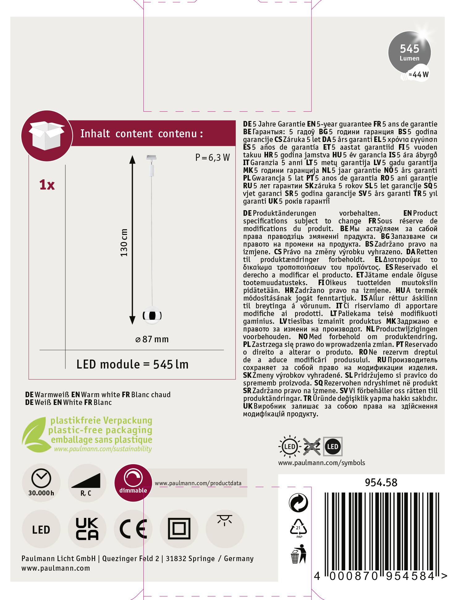 'LED-Modulverpackung mit Produktinformationen in mehreren Sprachen, Energielabel A+, Leistung 6,3 W, Helligkeit 545 Lumen, Länge 87 mm.'
