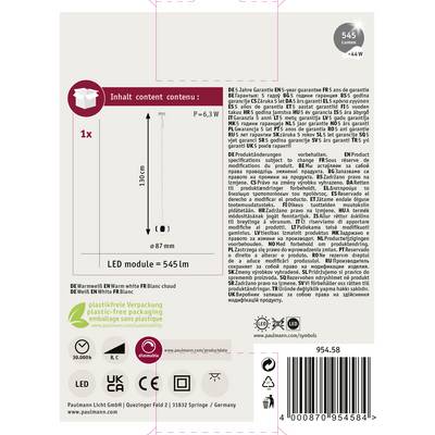 'LED-Modulverpackung mit Produktinformationen in mehreren Sprachen, Energielabel A+, Leistung 6,3 W, Helligkeit 545 Lumen, Länge 87 mm.'