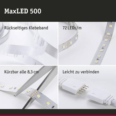 MaxLED 500. Vier Bilder: Rückseitiges Klebeband, 72 LEDs/m, kürzbar alle 8,3 cm, leicht zu verbinden. Zeigt flexible LED-Streifen.