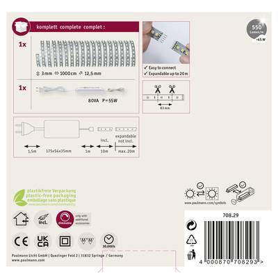 'Paulsman LED-Streifen Set mit 550 Lumen, 4,5 W. Set enthält: 3 m LED-Streifen, beidseitig erweiterbar, und ein 80 VA, 55 W Netzteil. Geeignet für erweiterbare Installation bis zu 20 m.'