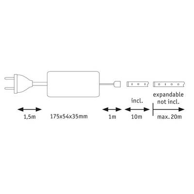 Schema einer Stromversorgungseinheit: Links ein Stecker, rechts ein abnehmbares Kabel. Längen: 1,5 m, 1 m erweiterbar bis 20 m.