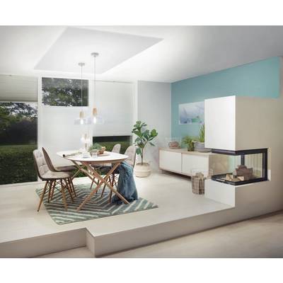 Ein modern eingerichtetes Esszimmer mit einem Holztisch, vier Stühlen, einem Kamin, einem Teppich, Pflanzen und großen Fenstern mit Blick nach draußen.