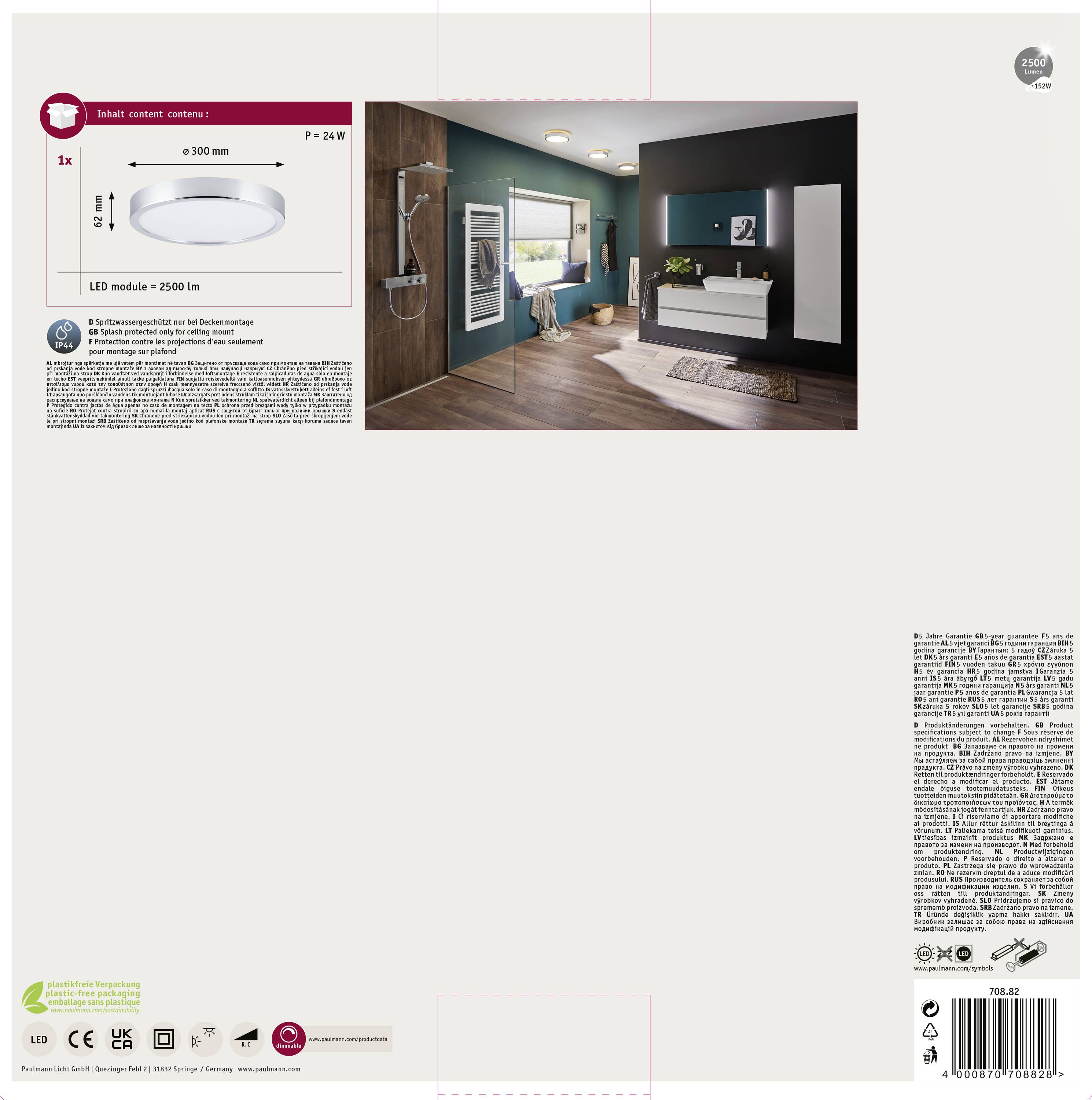Verpackung einer Deckenleuchte mit Abbildung eines Badezimmers. Details: LED-Modul, 2500 lm, Ø 300 mm, Leistung 24 W.