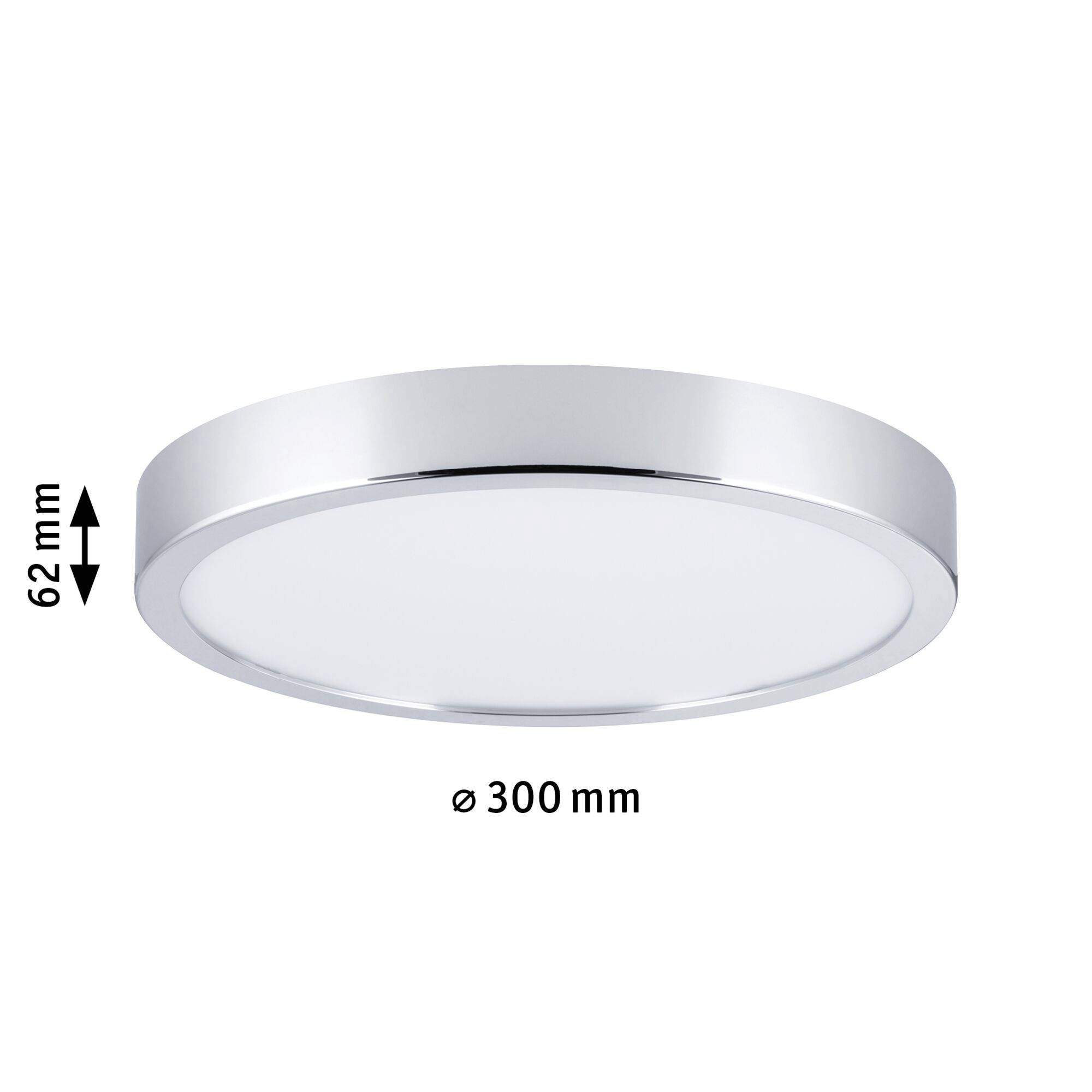 Runde LED-Deckenleuchte mit einem Durchmesser von 300 mm und einer Höhe von 62 mm. Silberner Rand.