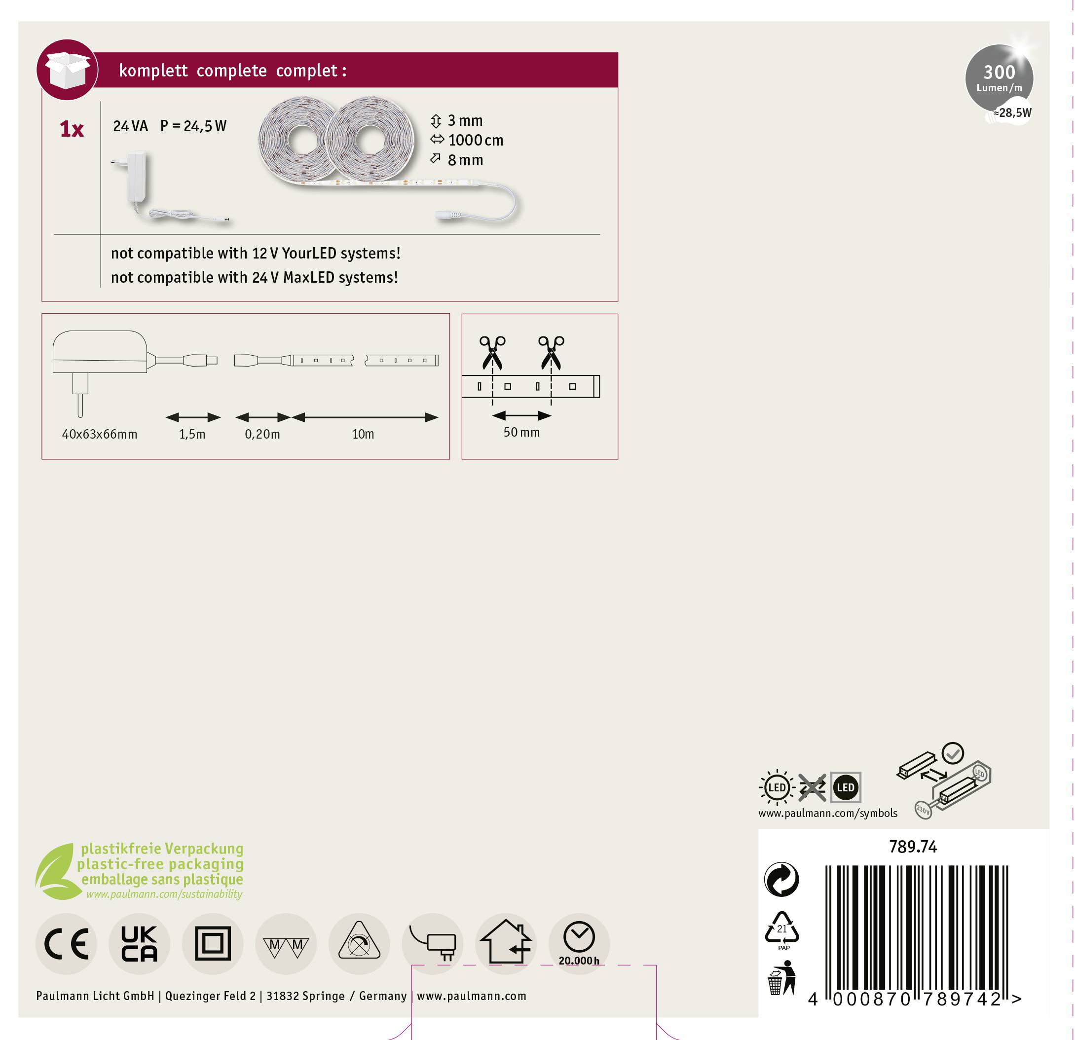 'Set mit zwei LED-Leuchten à 300 cm und Adapterkabel. Nicht kompatibel mit 12V-Systemen.'