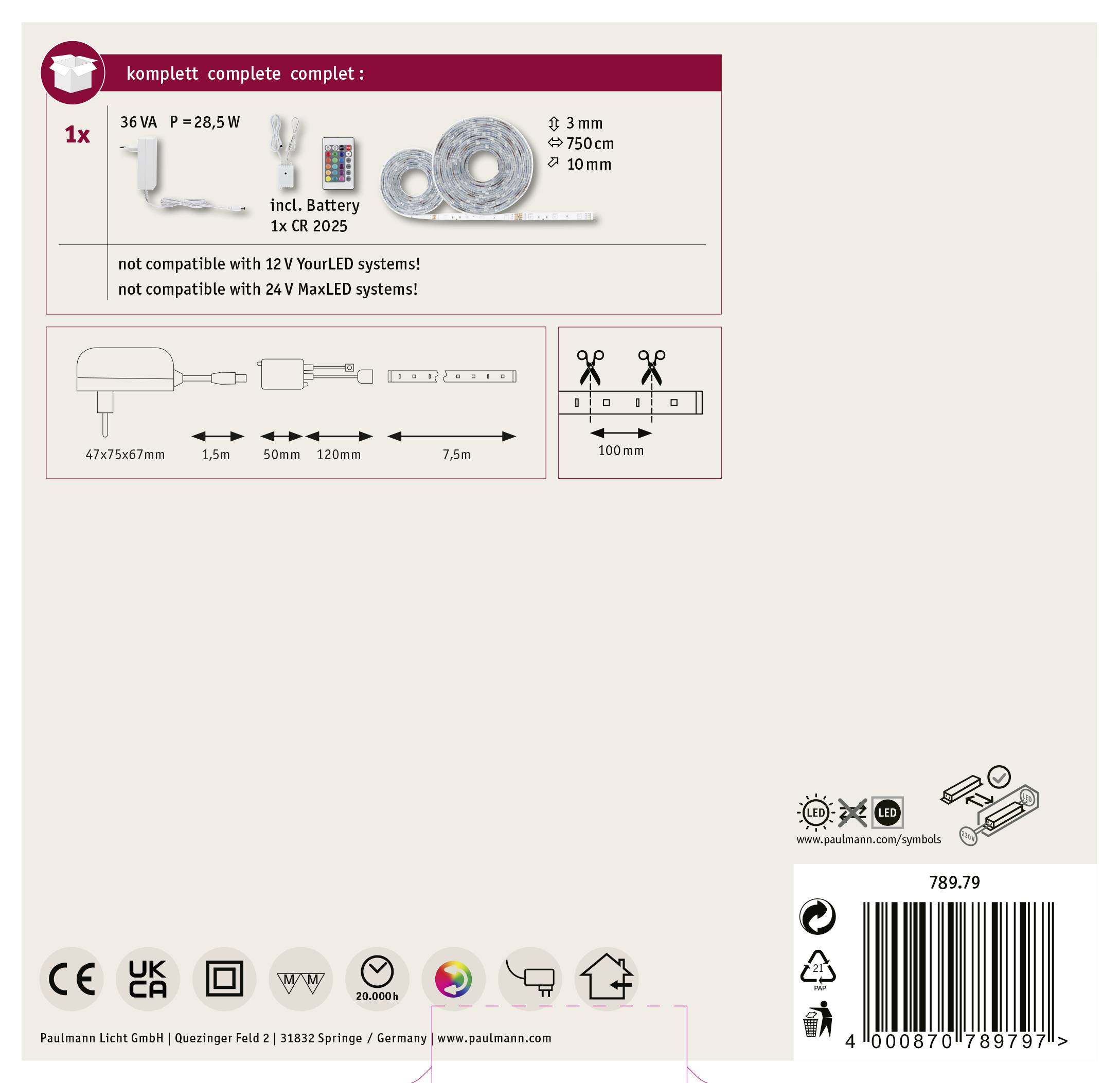 Ein Set mit 3-Meter-LED-Streifen, 28,5 W, inklusive Netzteil. Nicht kompatibel mit 24V MaxLED-Systemen. Abmessungen und Symbole enthalten.