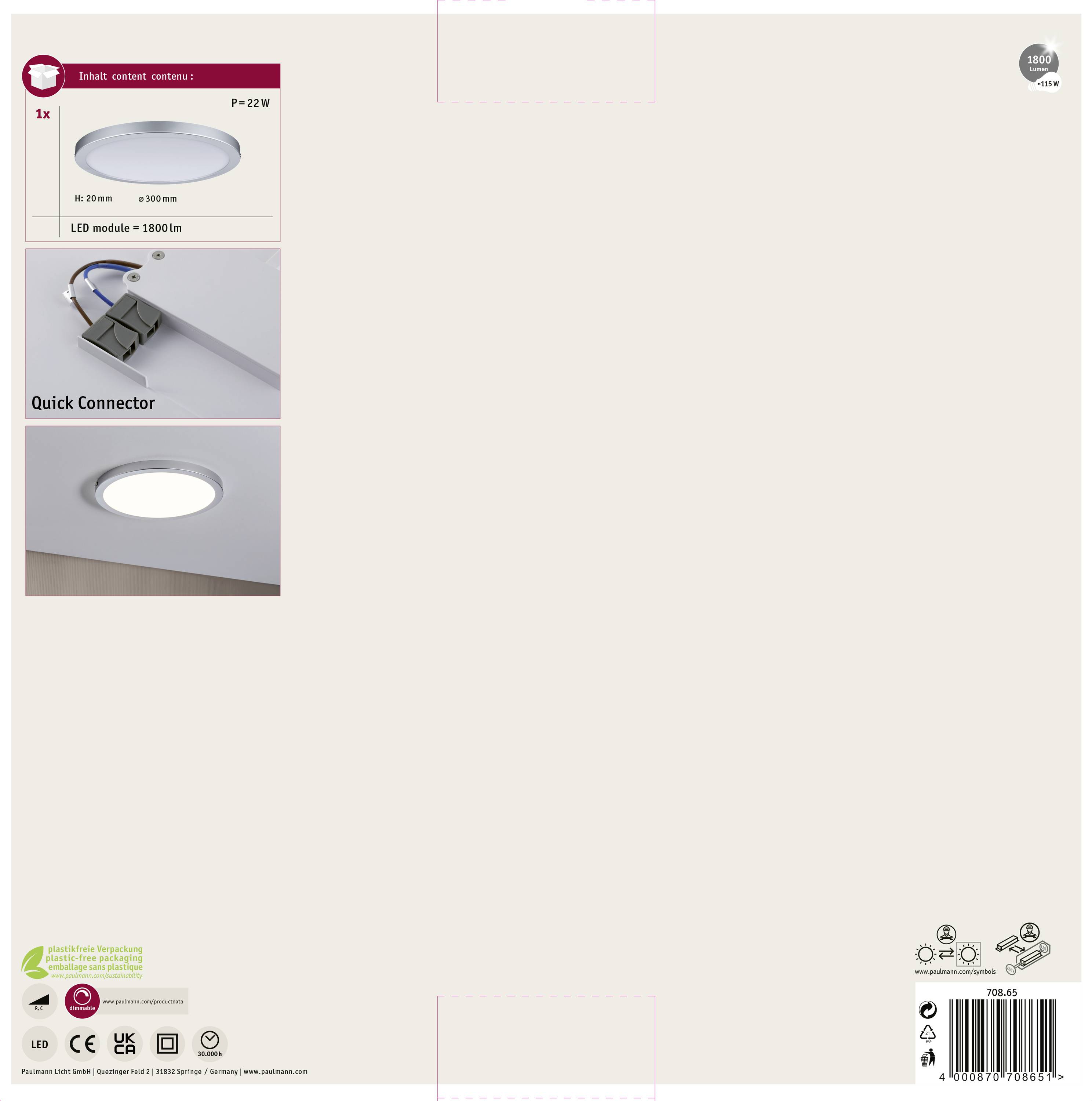 Verpackung eines LED-Einbauspots, 220V, LED-Modul 3000lm, inklusive Schnellverbinder. Bild zeigt montierten Spot in der Decke.