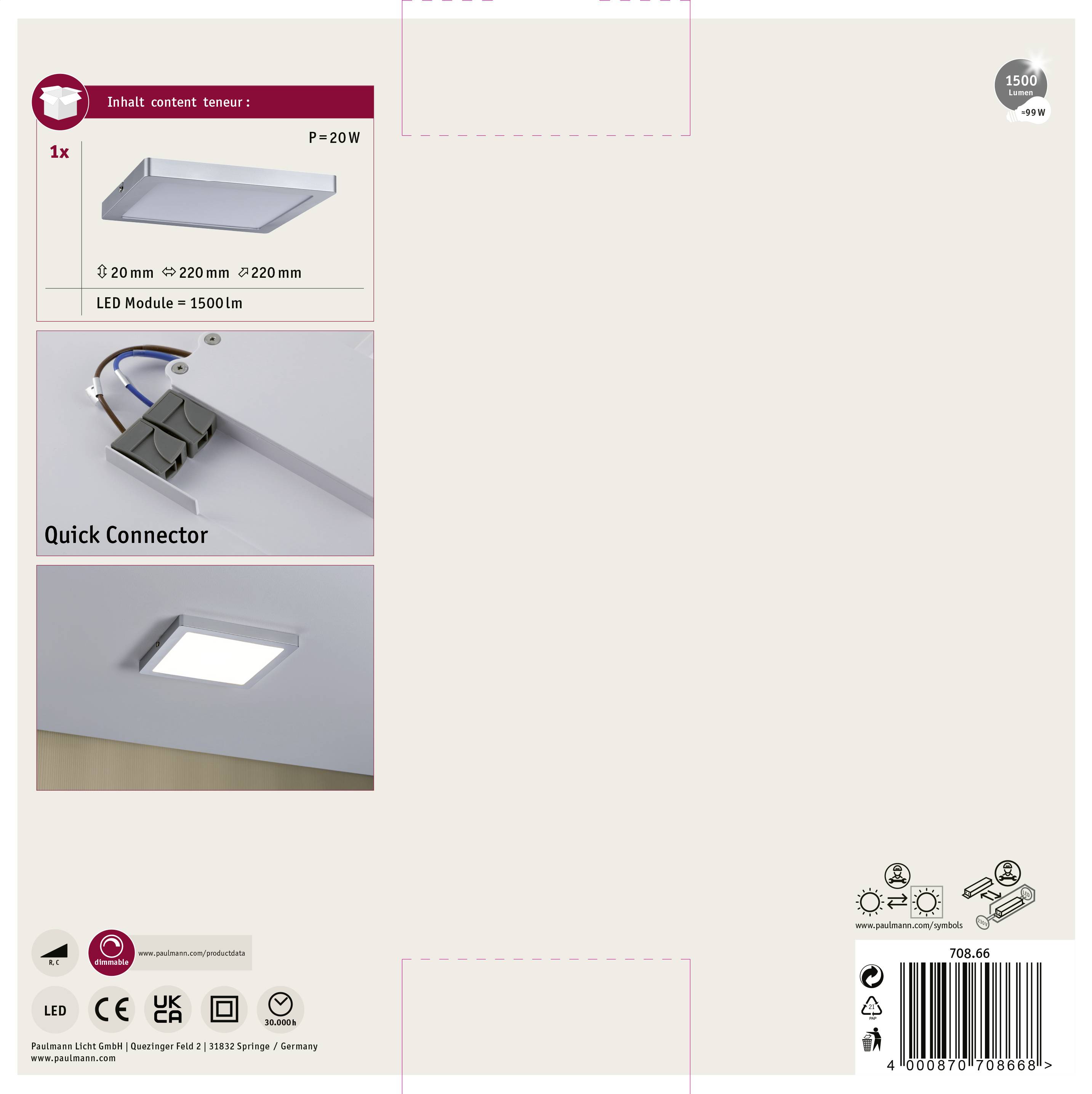 Quadratische LED-Deckenleuchte 20W, 1500 Lumen, Quick Connector. Maße: 220x220mm. Bild zeigt Montageanleitung.