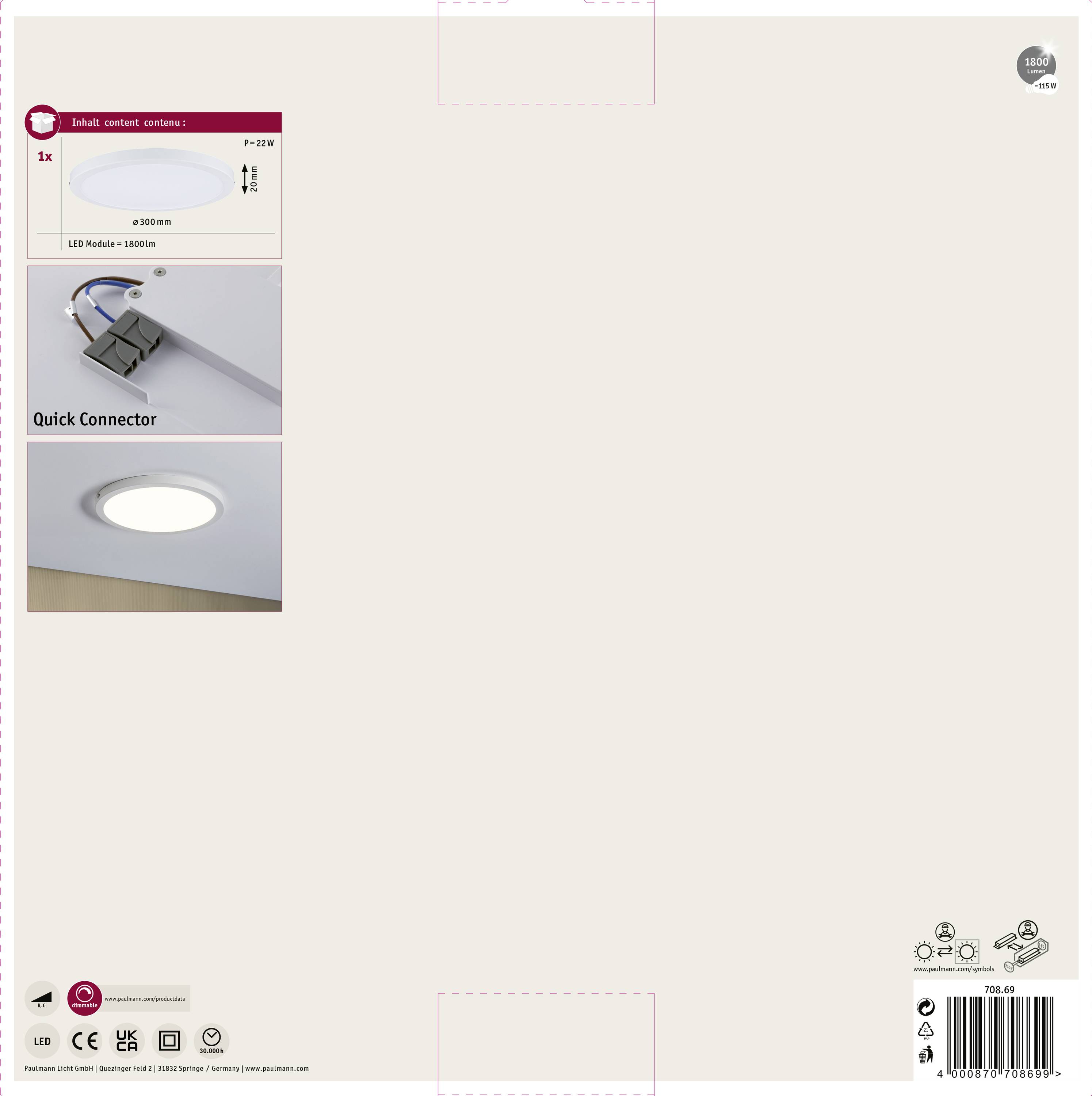 'LED Module - 3000 lm' Verpackung zeigt eine runde Deckenleuchte mit Quick Connector, Typenbezeichnung P-DS3 von Intertek.