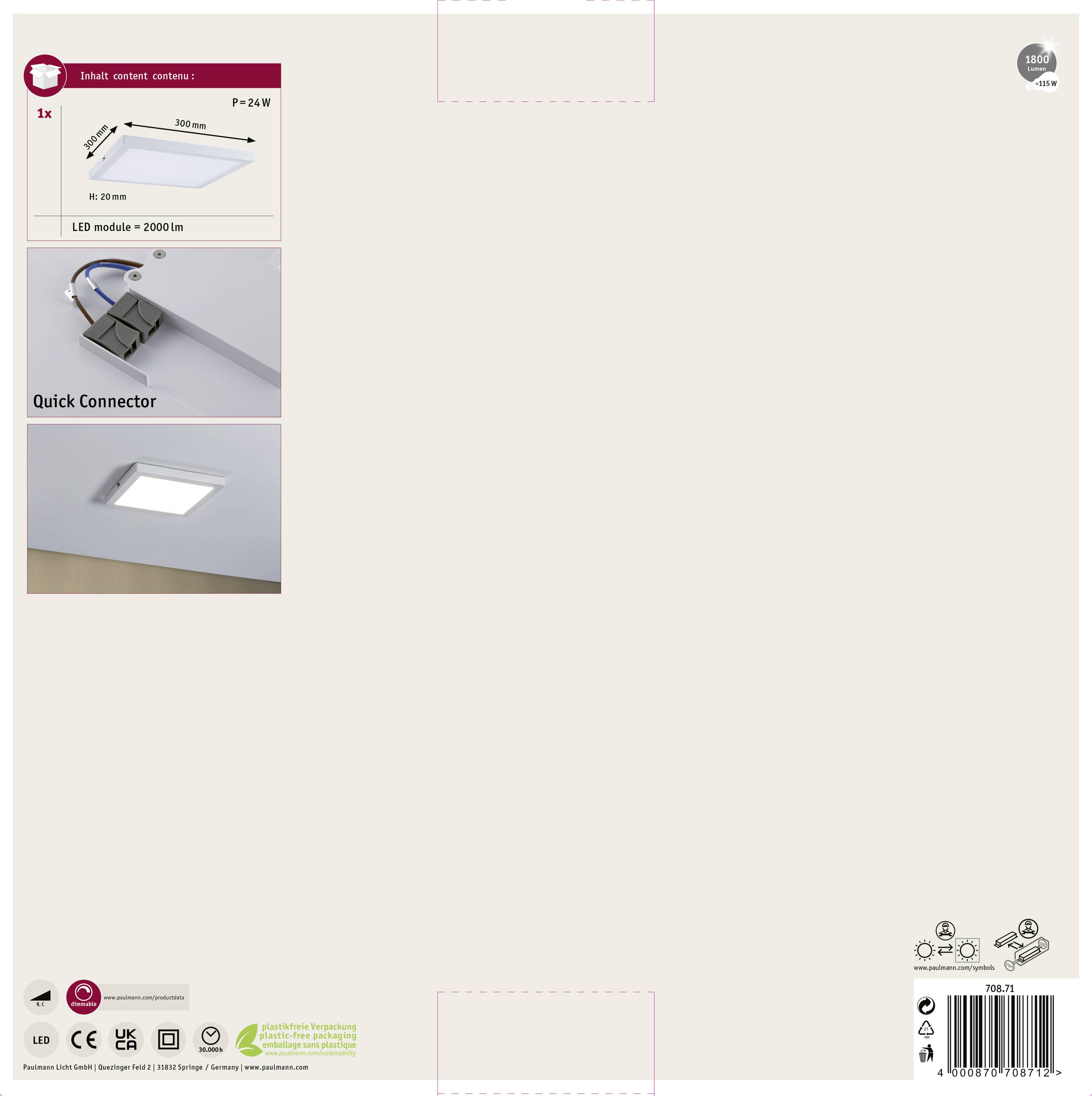Die Verpackung zeigt eine LED-Deckenleuchte mit "Quick Connector" für einfache Installation, inklusive LED-Modul mit 2000 Lumen.