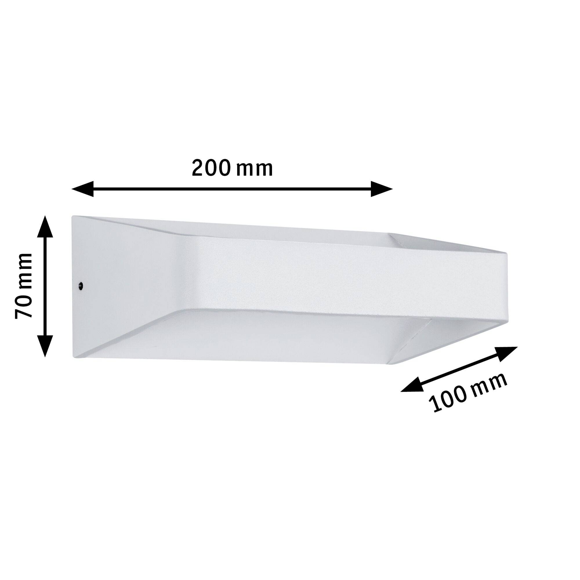 Weiße Wandlampe mit den Abmessungen: Breite 200 mm, Höhe 70 mm, Tiefe 100 mm. Die Pfeile zeigen die Maße in Millimetern an.