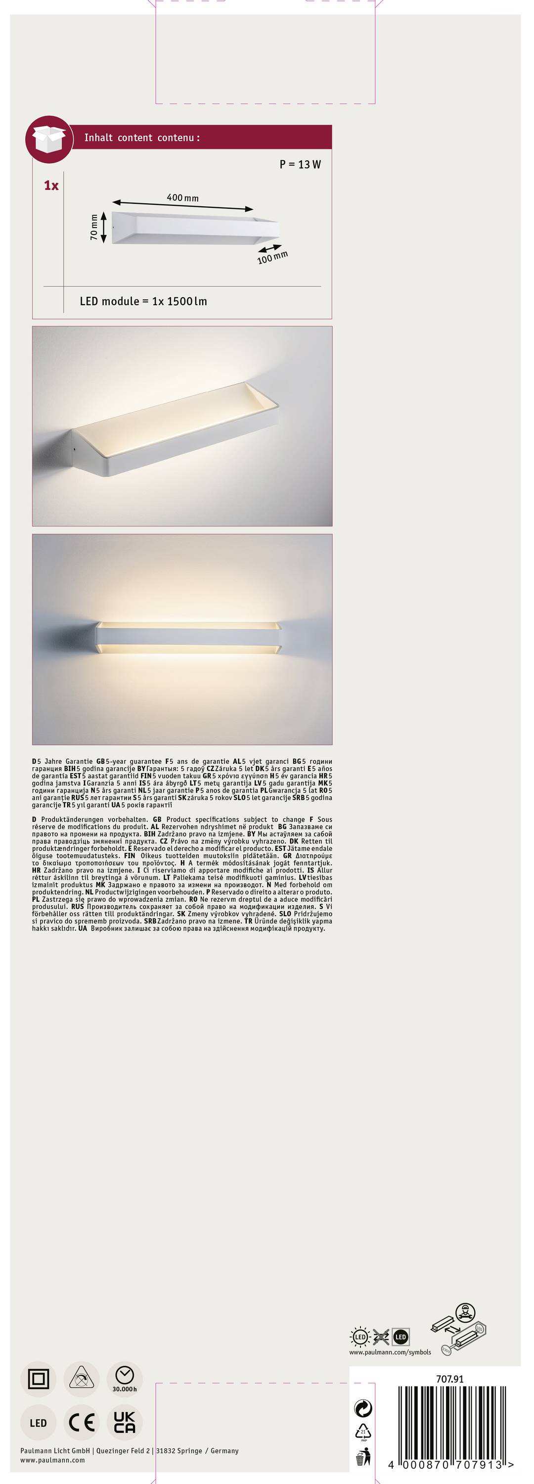 Verpackungsrückseite einer LED-Leuchte mit Produktfoto, technischen Zeichnungen und Texten zur Installation und Sicherheitsinformationen.