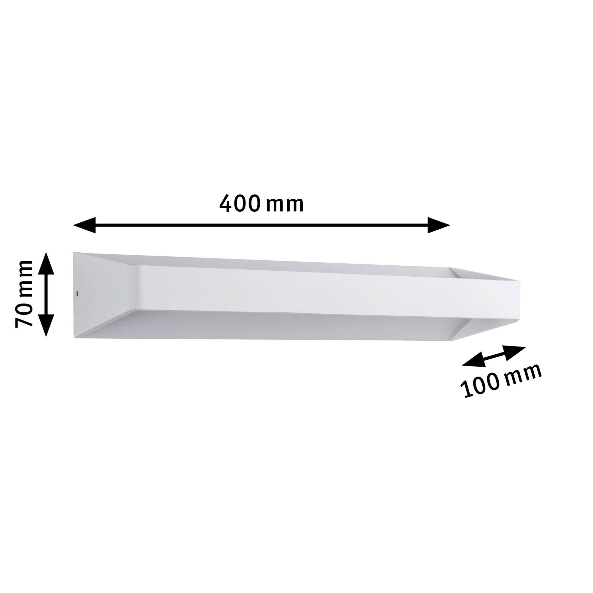 Weiße Wandleuchte in modernem, schlankem Design. Maße: 400 mm lang, 70 mm hoch, 100 mm tief.