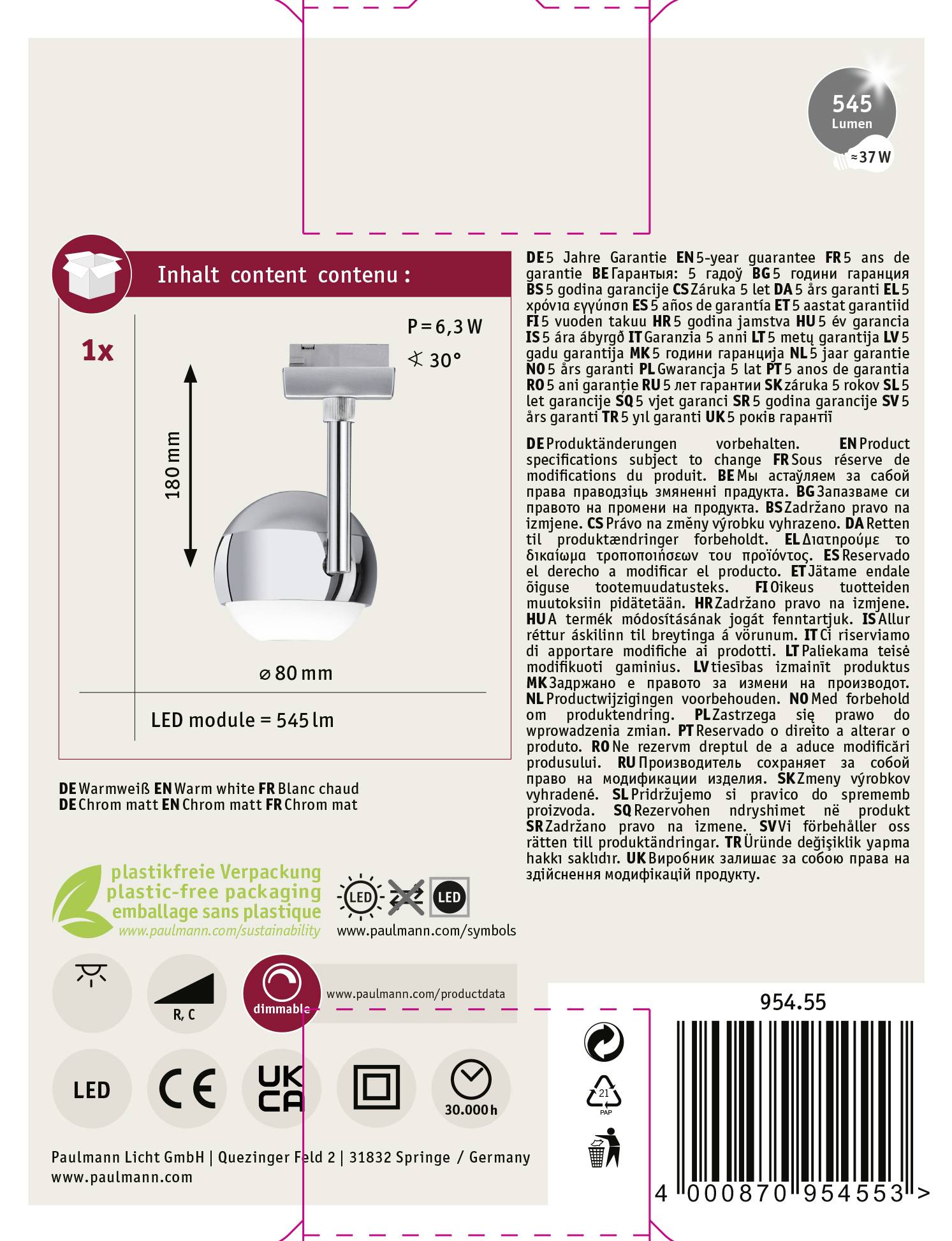 'LED-Lampe, E14 Fassung, 545 Lumen, 3 Watt, 3000 Kelvin, Höhe 180 mm. Enthält Garantieinformationen und Warnhinweise.'