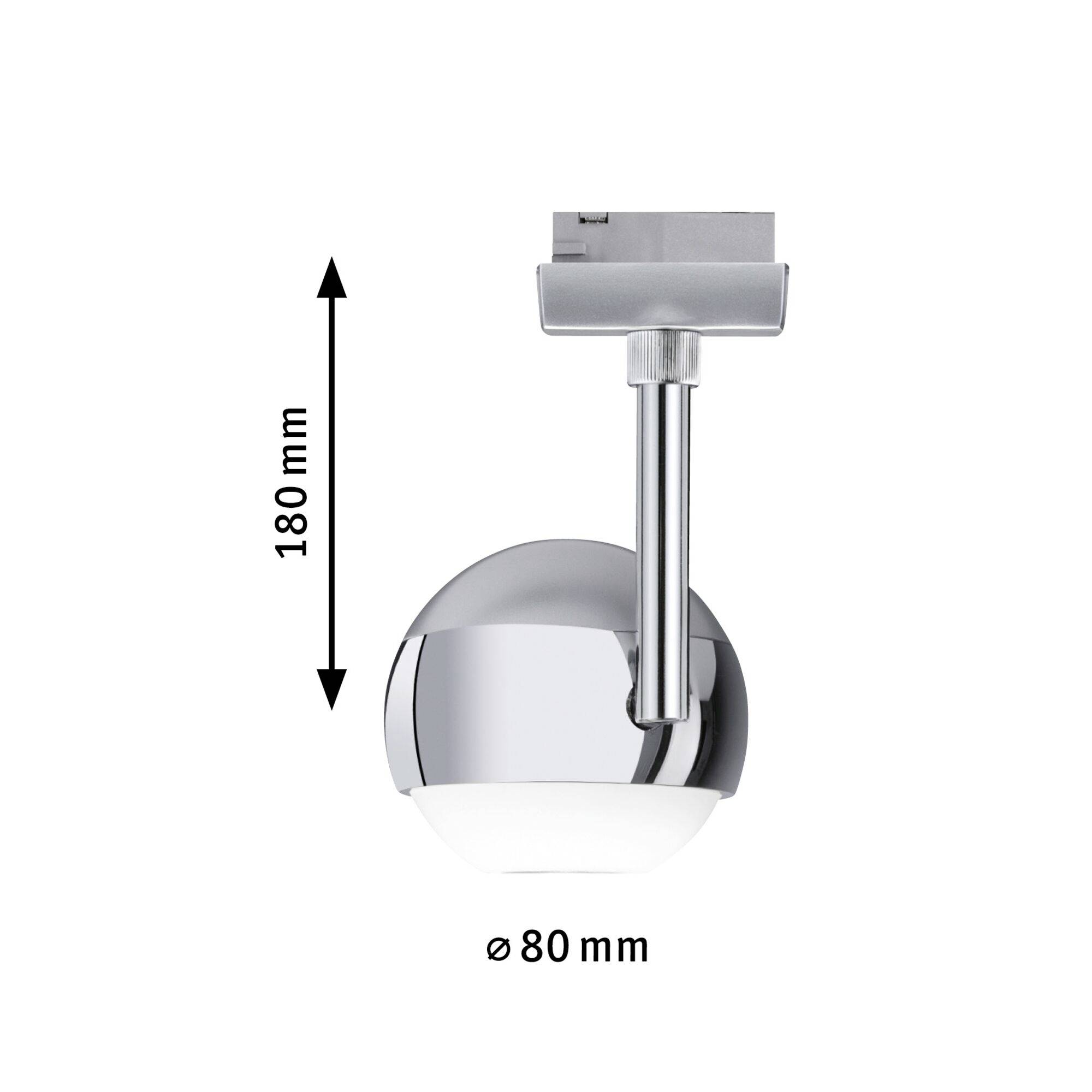 Chromfarbene LED-Wandleuchte mit einem Durchmesser von 80 mm und einer Höhe von 180 mm.