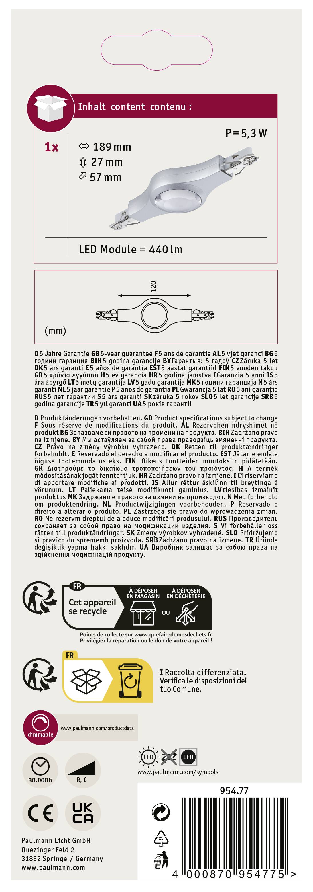 Verpackungsrückseite einer LED-Lampe. Details: P=5,3W, Ø 57mm, LED-Modul=440Lm. Produkt enthält 1x LED-Leuchte, Diagramm zeigt Montagedetails.