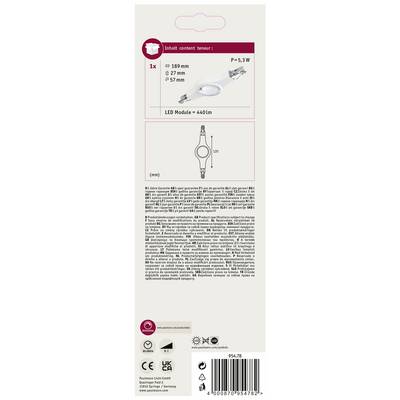 Verpackung einer LED-Lampe mit Leistungsangabe von 5,3 W, Lichtstrom von 440 Lumen, und Abmessungen: Durchmesser 57 mm, Tiefe 27 mm, Einbaugröße 189 mm.