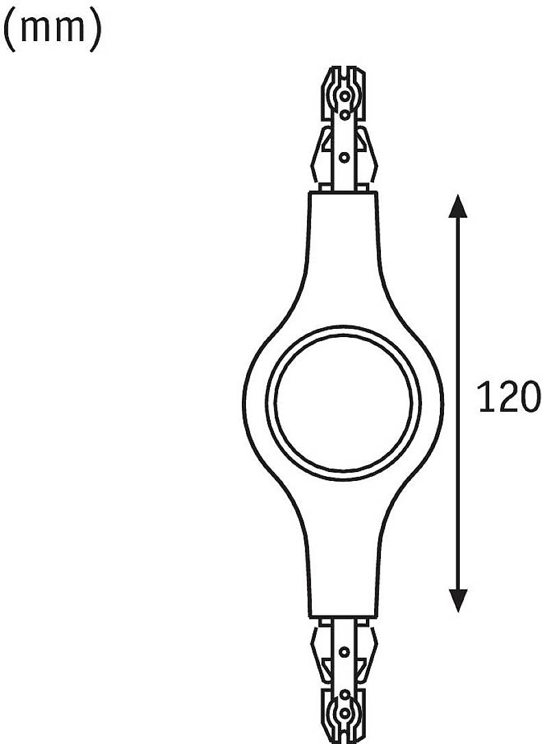 Technische Zeichnung eines Geräts, das 120 mm lang ist, mit symmetrischem Design und zwei identischen Endstücken.
