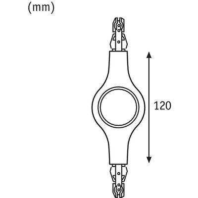 Technische Zeichnung eines Geräts, das 120 mm lang ist, mit symmetrischem Design und zwei identischen Endstücken.