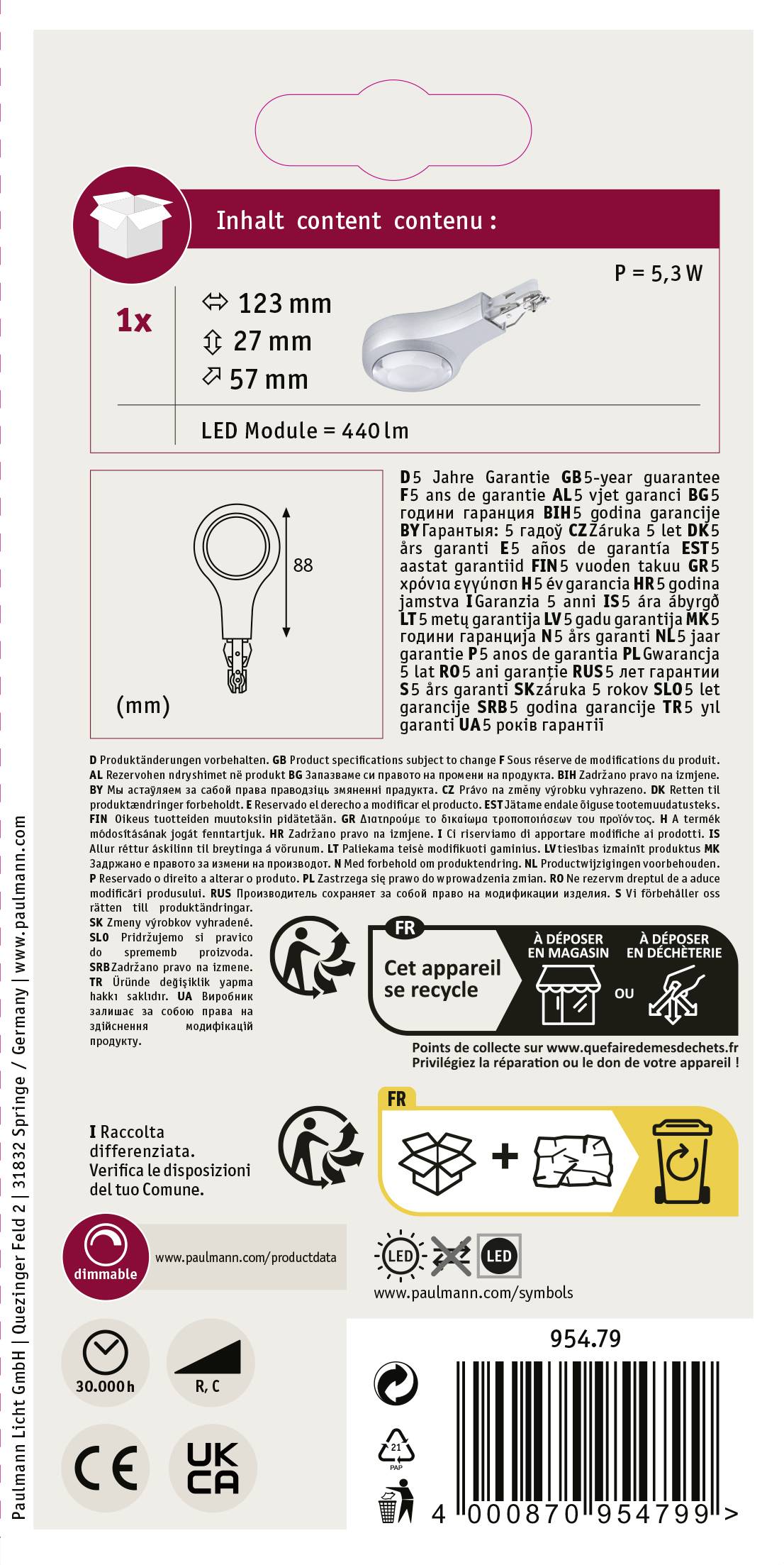 'P, 5,3 W, LED-Modul, 440 lm, 85 Jahre Garantie. Gerät recyclebar. Enthält Symbole für Entsorgung und Sicherheitshinweise.'