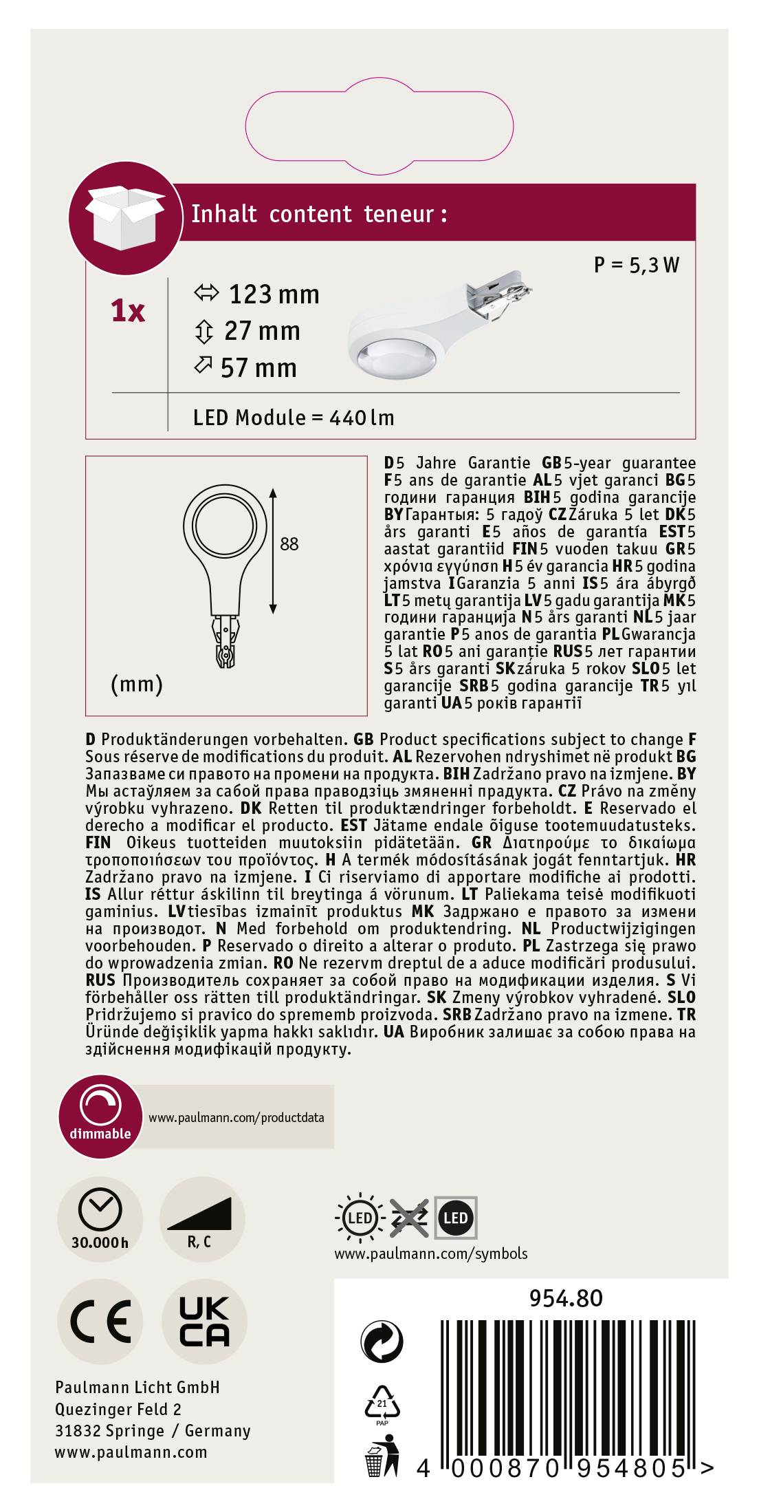 Verpackungsrückseite einer LED-Lampe. Enthält technische Details: 123 mm, 27 mm, 57 mm. 5,3 W, 440 lm. QR-Code und Kontaktdaten unten.