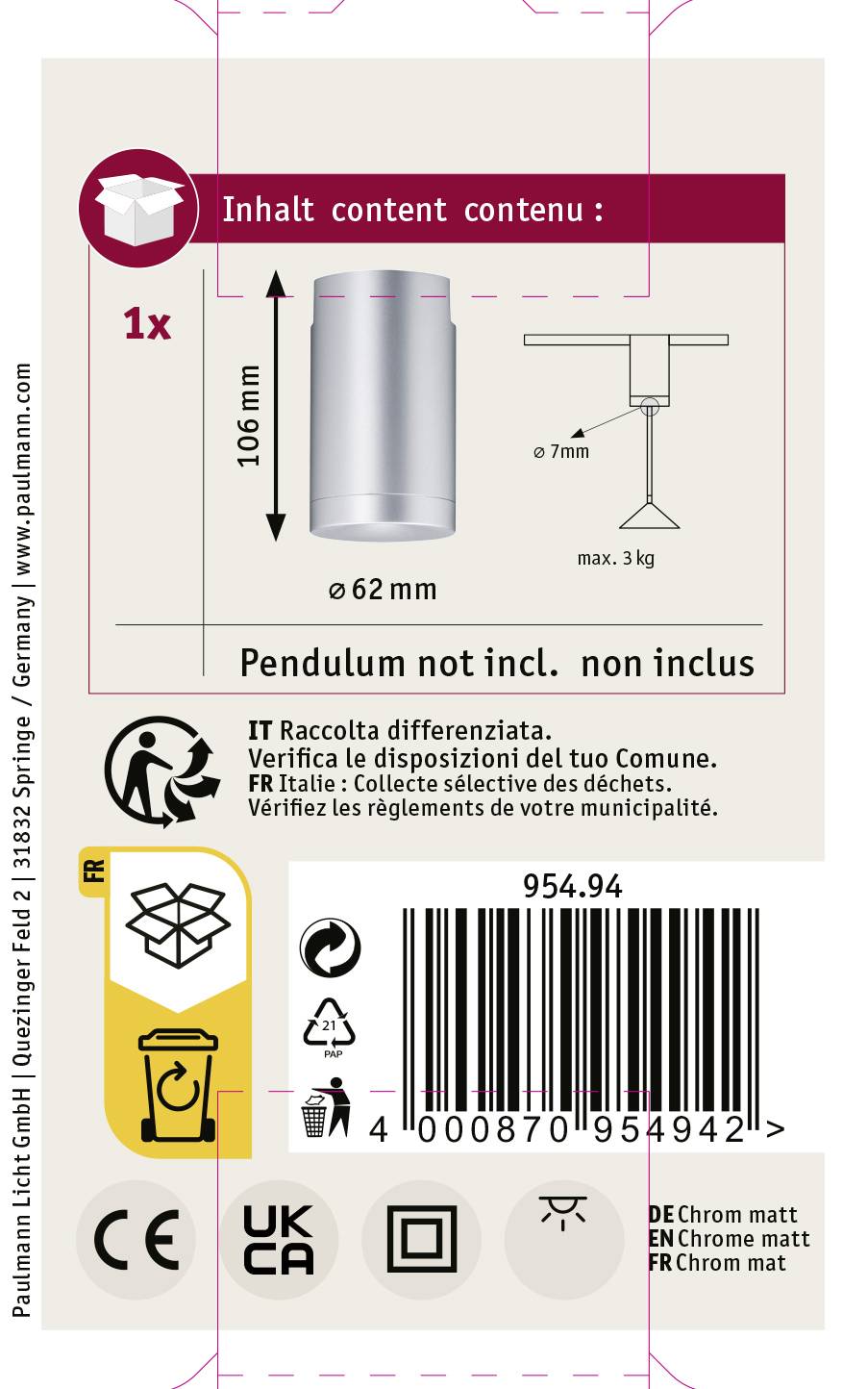 'Ersatz-Pendulum-Stange, Länge 1066 mm, Durchmesser 62 mm. Verpackungsinhalt: 1 Stange. Entsorgungshinweise in mehreren Sprachen.'