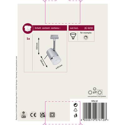 'Enthält einen LED-Spot 150mm lang und 65mm breit mit GU10-Fassung. Nicht inklusive. Verpackungsdesign mit Symbolen.'
