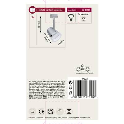 'Produktverpackung für LED-Spot. Enthält Informationen zu Garantie, nicht enthaltenem GU10-Leuchtmittel und technische Details.'