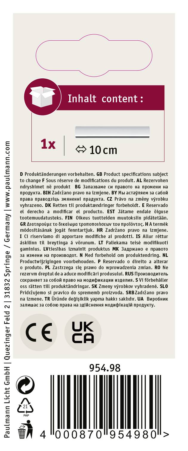 'Inhalt: 1x, 10cm. Produktinformationen in mehreren Sprachen. Enthält CE- und UKCA-Kennzeichnungen. Barcode unten: 954.98.'