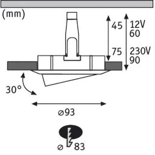 Schnittdarstellung einer eingelassenen Deckenleuchte; zeigt einen Neigungswinkel von 30°, einen Durchmesser von 93 mm und eine Einbauöffnung von 83 mm.