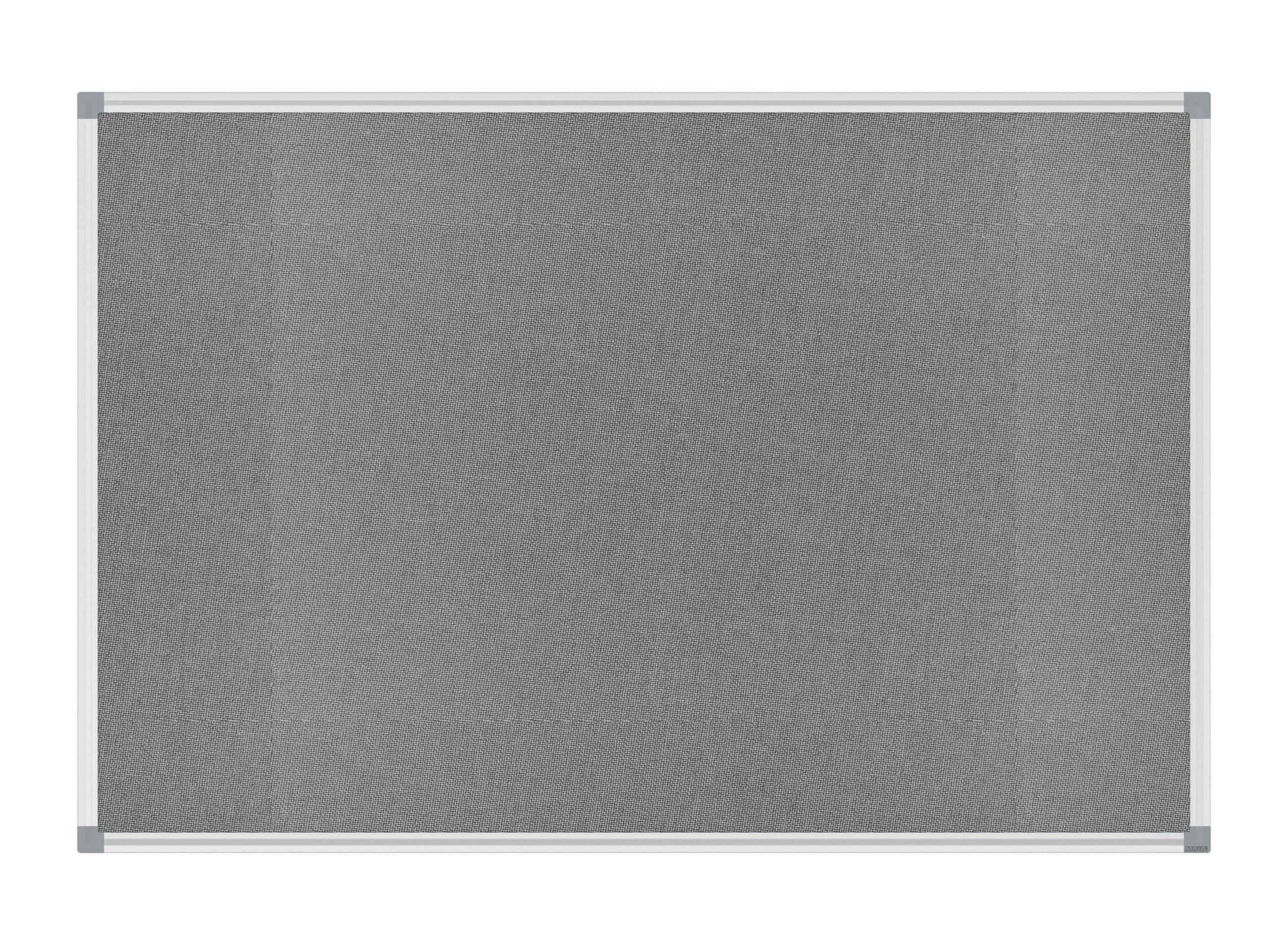 Leere graue Stoff-Pinnwand mit silbernem Aluminiumrahmen und Eckkappen